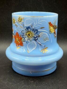 Antique Victorian Hand Painted Blue Bristol Glass Floral Bird Motif Vase Vessel